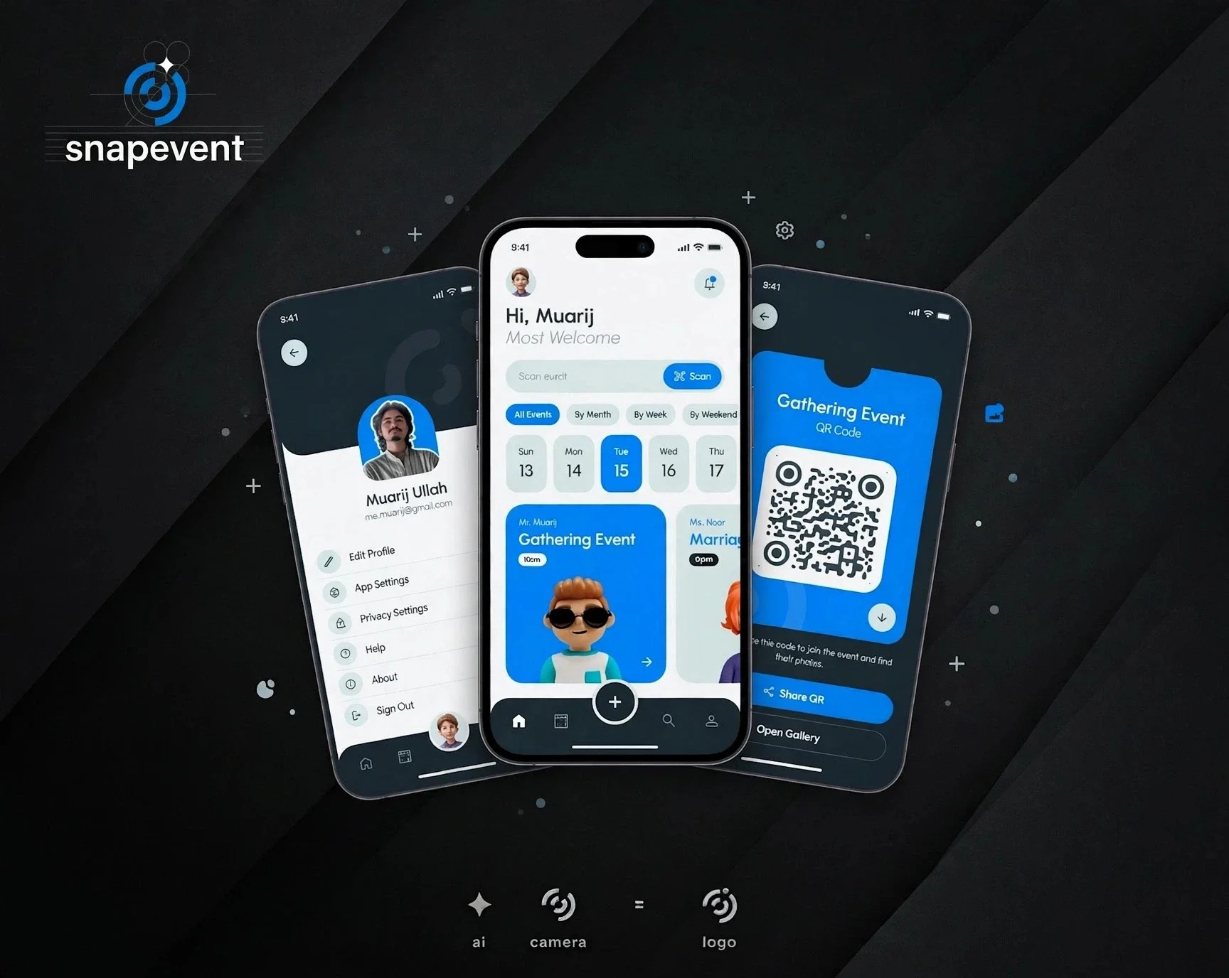SnapEvent event photo platform interface – event management mobile app UI/UX design and interactive prototype by Shape My Visuals